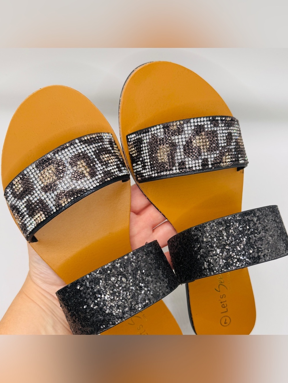 Women’s Black & Leopard Print Shimmer Double-Strap Slide Sandals - Size 6 - Picture 7 of 7